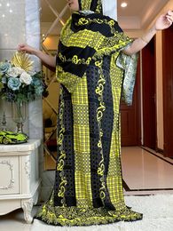 Ethnic Clothing 2024 African Abaya Lady Short Sleeve Dress With Big Lace Scarf Cotton Printing Diamonds Maxi Islam Women Summer Loose Robe