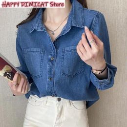 Women's Blouses Women Blue Denim Shirt Fashion Clothes Autumn Single-breasted Jeans Female Pockets Loose Lapel Cowboy Blusas