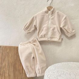 Clothing Sets Winter Korean Style Children Warm Thick Suit Solid Colour Cardigan Coat Pants Toddler Baby Boys Girls Plush Clothes Set