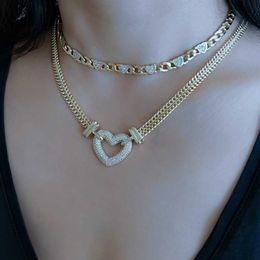 Fashion Gold Cuban Link Chain Choker Necklace Love Heart Punk Silver Color Cubic Zirconia Collar Necklace For Women Jewelry Gift X246F