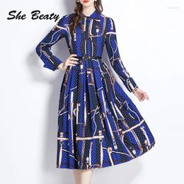Casual Dresses Blouse Dress Women Floral Printed Long Sleeve High Street A-Line Korean Fashion Party Chic Midi Robe Femme Spring 2024