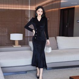 Casual Dresses Black Dress Women Style Elegant Mid-length Slim V-neck Velvet Long-sleeved Fashionable Women's Fishtail