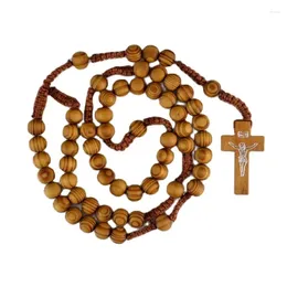 Pendant Necklaces 10mm Pine Wood Rosary Beads INRI JESUS Cross Necklace Catholic Fashion Religious Jewelry