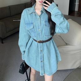 Women's T Shirts Polo Collar Loose Casual Washed Denim Long-sleeved Shirt Women 2024 Spring High Street Fashion All Match Tops With Belt