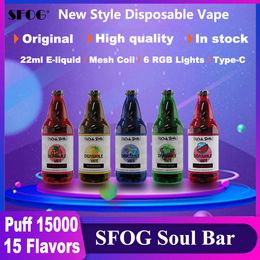 SFOG Original Puff 15000 Disposable Vape Soul Bar 15000 puff E Cigarettes Vaper Puff 15K vapes 22ml E-liquid Mesh Coil Pod vape 6 RGB Lights Electronic Cigs Vapour Pen