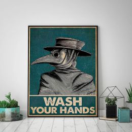 Vintage Poster Plague Doctor Wash Your Hand Sign Public Health Retro Wall Art Bathroom Canvas Painting Print Doctor Office Decor