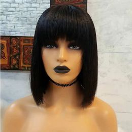 black Woman brazilian short bob human hair wig 100% natural Straight with bangs human made Fringe wigs