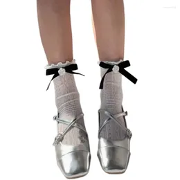 Women Socks Hollowed Mesh Ruffle Ankle Elegant Flower Bowknot Short Tube