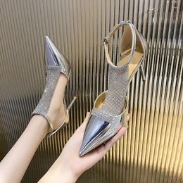 Dress Shoes 2024 Sexy Party Women Pumps High Heels Sandals Mid Shallow Out Ankle Buckle.Pointed Toe Gold Silver Dropship