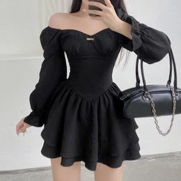Casual Dresses Women's 2024 Spring Korean Sexy Slim Solid Square Collar Puff Sleeve Mini Elegant Ladies Tiered Ruffle Party Dress