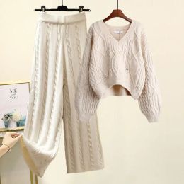 Autumn and Winter Set Women's 2023 New Large Women's Knitted Sweater Sweater Women's Style Slim Casual Pants Two Piece Set