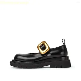 Casual Shoes Metal Buckle Loafers Leather For Women Black Round Toe Platform Slip On Mary Jane 2024 Spring Fashion