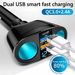 Quick Charge Car Charger QC3.0/PD Port Phone Charger 12V/24V Socket Adapter Universal Lighter USB Dual Power Splitter Cigar Y4G6
