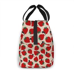 Black Cat On Red Strawberry Lunch Bag For Women Girls Kids Insulated Picnic Pouch Thermal Bento Prep Cute Bag Lunch Box Camping