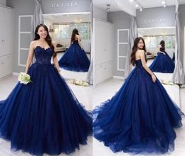 Strapless Ball Gown Prom Quinceanera Dress Vintage Navy Blue Lace Applique Ball Gown Formal Sweet 15 Party Bridal Dresses BC22896052213