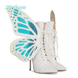 Colourful Butterfly Wing Stiletto Boots Pointed Toe High Heel Winter Autumn Spring All Match Comfortable Party Women Shoes