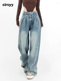 Women's Jeans Circyy Blue Baggy Women High Waisted Wide Leg Pants Washed Vintage Pleated Oversized Trousers 2024 Spring Streetwear