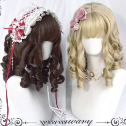 Wigs Synthetic short hair retro wavy hair girl bangs wig golden brown Lolita Cosplay wig party wig