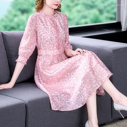 Party Dresses 2024 Pink Print Chiffon Ruffled Collar Midi Dress Spring Summer Fashion Light Casual Beach Women Korean Elegant