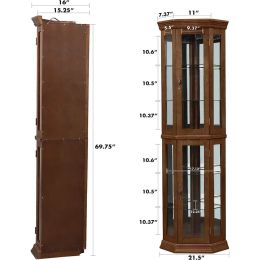 Corner Curio Cabinet with Lights, Adjustable Tempered Glass Shelves, Mirrored Back, Display Cabinet,Walnut