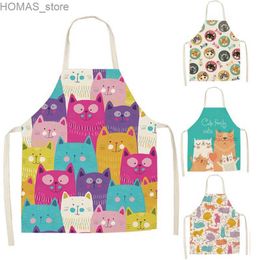 Aprons 1 Pcs Kitchen Apron Cute Cartoon Cat Printed Sleeveless Cotton Linen Aprons for Men Women Home Cleaning Tools kussenhoes 45x45 Y240401