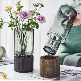 Vases Nordic Minimalist Vase Original Color Glass Hydroponics Flowers Wooden Base Living Room Dining Table Ornaments