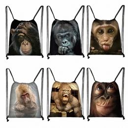 funny Mkey Face Print Drawstring Bag Orangutan Thinking Women Backpack Shoes Holder Casual Storage Beach Bags for travel Gift 26M7#