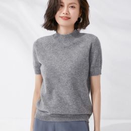 Spring 2022 Ladies 100%Wool Short Sleeve Half Turtleneck Worsted Knit T-Shirt Thin Cashmere Sweater Solid Half Sleeve Pullovers