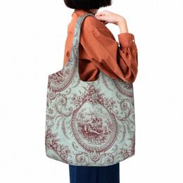 french Toile De Jouy Navy Blue Motif Pattern Shop Tote Bags Traditial France Art Grocery Canvas Shopper Shoulder Bag R18U#