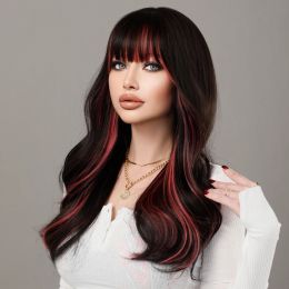 NAMM Long Wavy Highlight Wine Red Wig with Bangs for Women Daily Party New Trend Synthetic Black Curly Wig Heat Resistant Fibre