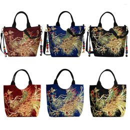 Shoulder Bags Unique Peafowl Embroidery Handbags Waterproof Canvas Large Capacity Shopping Messenger Bag Beads Pendant
