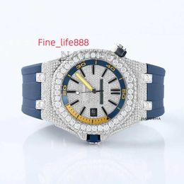 Hot Selling Watch Iced Round Blue Belt Silver Dial Handcrafted with Brilliant Cut Moissanite Diamonds Watch Perfect for Men