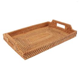 Plates Serving Tray Versatile Effective Storage Hand Woven Rattan Rectangular With Handles For Restaurant Home