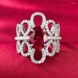 Cluster Rings Flower Ruby Diamond Ring Real 925 Sterling Silver Party Wedding Band For Women Bridal Engagement Jewelry