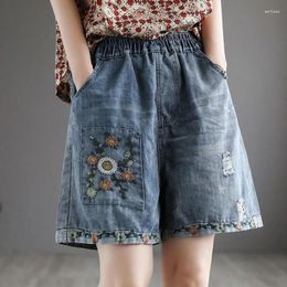 Women's Jeans Summer Female Loose Vintage Embroidery Spliced Denim Shorts Fashion Elastic Luxery High Waist Casual Wide Leg Womens