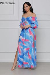 Casual Dresses Waterarea Women Long Dress Floral Print Full Puff Sleeve Slash Neck Shirring Cut Out Split Maxi Sexy Fashion Outfit