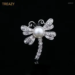 Brooches Silver Colour Dragonfly Brooch Fashion Crystal Animal With Pearl Pin For Women Costume Accessories