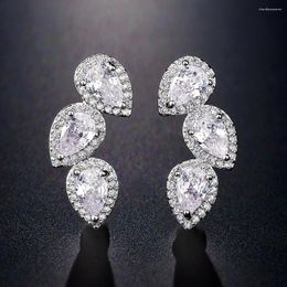 Stud Earrings FEEHOW Korea Fashion White Gold Color Leaf For Women Water Drop Cubic Zirconia Earring Wedding Party Jewelry