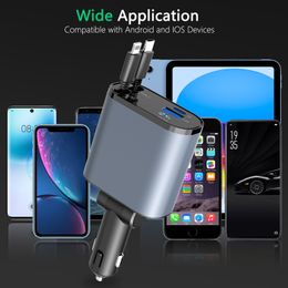Newest 100W 4 IN 1 Retractable Car Charger USB Type C Cable For IPhone Samsung Fast Charge Cord Cigarette Lighter Adapter X4W3