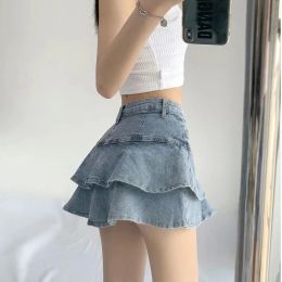 Houzhou Sexy Ruffle Mini spódnica dżinsowe kobiety Summer Vintage Śliczne wysokiej talii Patchwork A-Line Short Dżinsy Gyaru Streetwear