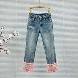 Women's Jeans Flanged Lamb Velvet Diamond-encrusted Cropped Pants Winter All-match Fleece Straight Leg