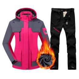 Women's Ski Suit Waterproof Snowboard Fleece Jacket Pants Warm Winter Snow Coat Mountain Windbreaker Hooded Female Ski Outfits