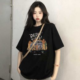 American High Street Black T-shirt Pure Cotton Short Sleeved Womens Summer Fashion Label Loose Half Instagram Clothes