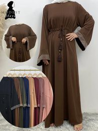 Ethnic Clothing Spring Fashion Diamond Front Zipper Robe Dress Muslim Women Elegant Solid Round Neck Long Sleeve Loose Drawstring