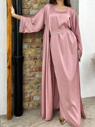 Ethnic Clothing Eid Silky Satin Party Abayas Set 2 Piece Ramadan Women With Diamond Chains Cardigan Robe Islamic Abaya 2024