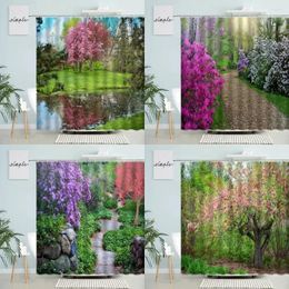 Shower Curtains Natural Scenery Curtain Garden Lake Road Green Plants Flowers Spring Landscape Bathroom Decor With Hook Waterproof Screen