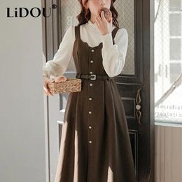 Casual Dresses Spring Autumn Sweet High Collar Bottoming Long Sleeve T-shirt Fashion Belt Waist Slip Tank Dress Set Women's Clothing