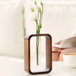 Vases Solid Wood Test Tube Vase Living Room Transparent Glass Tabletop Ornaments Wooden Frame Plants Home Decor