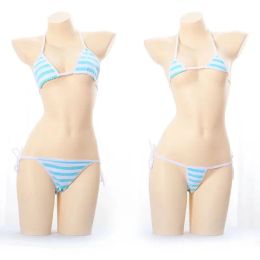 Japanese Sexy Lingerie Lolita Kawaii Blue Pink White Striped Mini Bikini Adult Cosplay Erotic Costumes Bra Women Underwear Set