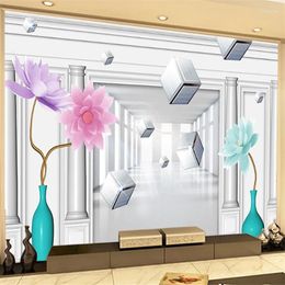 Wallpapers Wellyu Custom Large-scale Mural 3D Three-dimensional Space Vase Lotus Flower TV Sofa Background Wallpaper